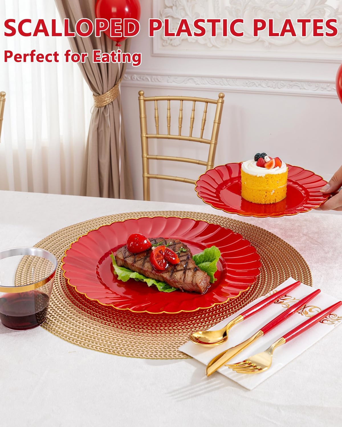 Ciaell 175 PCS Red Scalloped Plastic Plates with Gold Trim - Red Plastic Silverware with Handle - Fancy High-End Dinnerware Sets for Wedding & Showers & Party & Christmas (25 Guests)