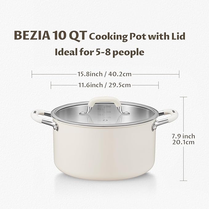 10 Quart Pot with Lid, BEZIA Tri-Ply Stainless Steel Stock Pots, Large Cooking Pots with Silicone Handle, Soup Pot for Induction Cooktop, Compatible with All Cooktops, Dishwasher Safe