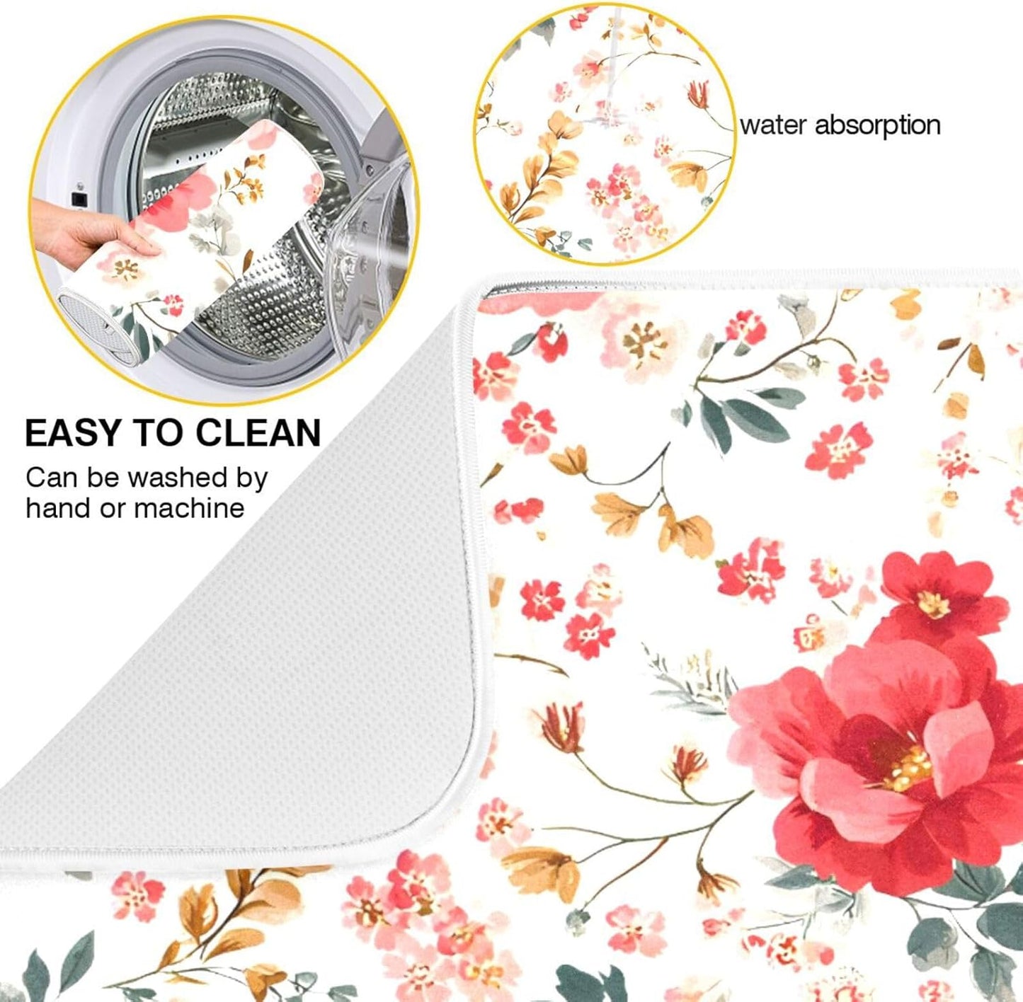 Spring Floral Colorful Flowers Dish Drying Mat for Kitchen Counter Absorbent Dish Drainer Mats Drying Pads 18"x24"