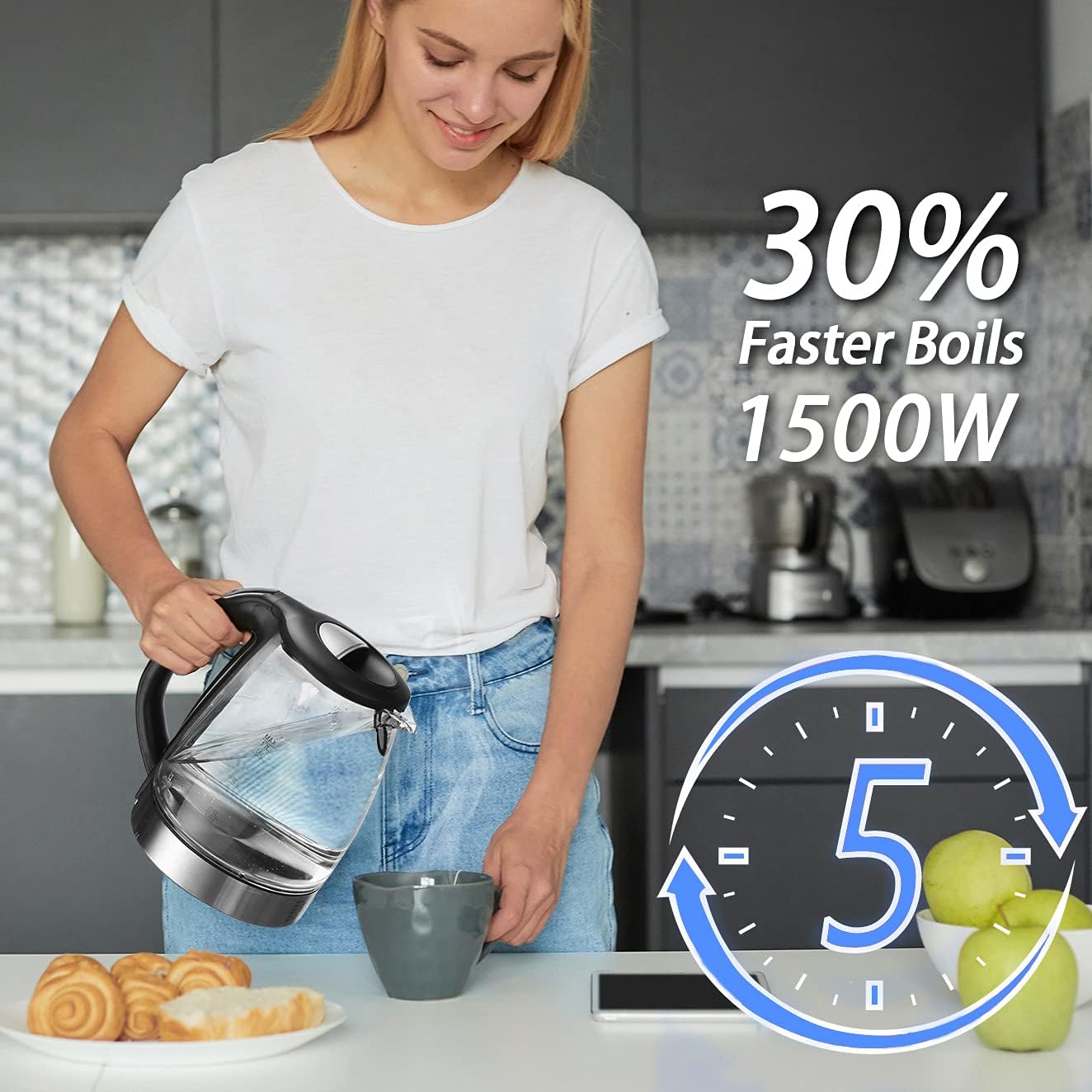 ShanSon 1.7L Electric Glass Kettle 1500W Temperature Control Fast Water Boiler BPA Free Auto Shut-off Protection Electric Teapot with Led Touch Screen and Two-year Quality Guarantee