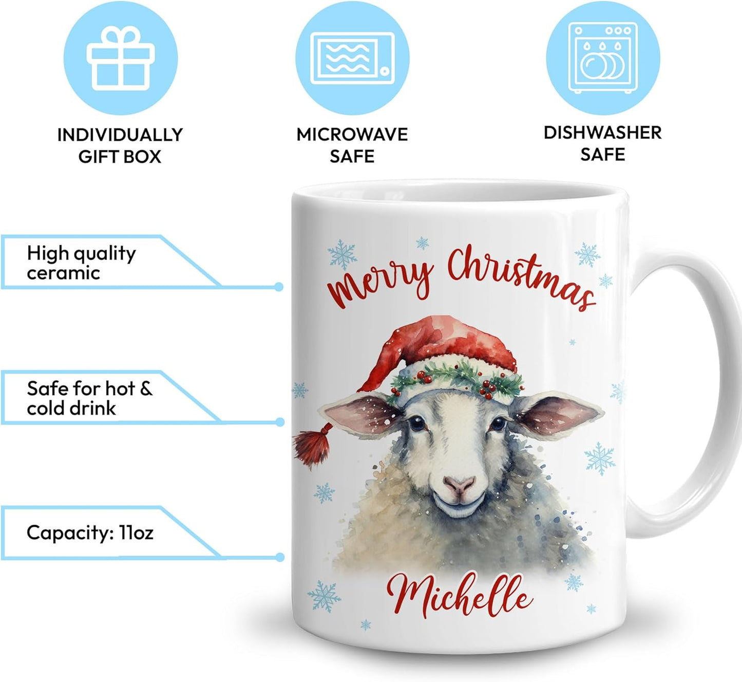 Hyturtle Personalized Gifts Lamb Lover - Lamb Wearing Santa Hat Custom Name Ceramic Coffee Mug Cup 11oz - Cute Animal Lovers Gifts For Women, Girl kids Family On Birthday, Christmas