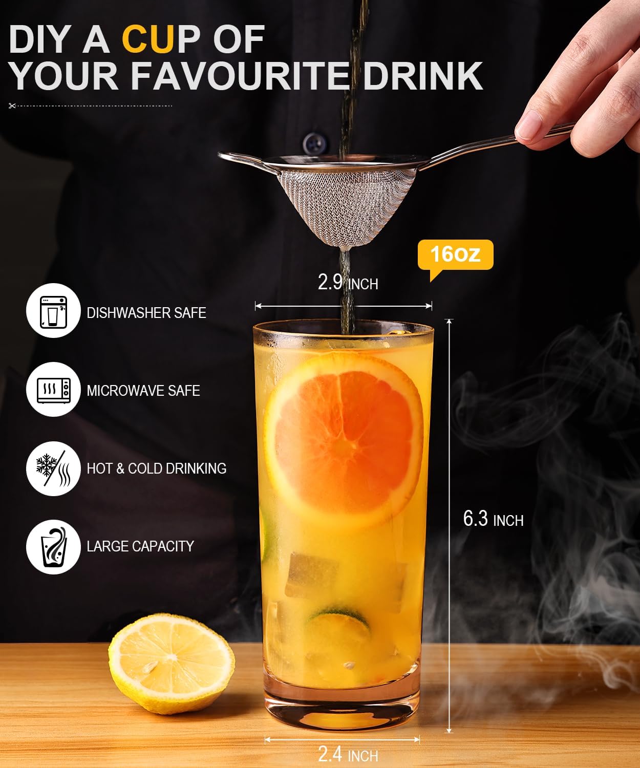 Drinking Glasses Set of 8, 16 oz Water Glasses, Wide Mouth Design Lead-Free Crystal Highball Glassware, Tall Glass Cups for Cocktail Parties, Family Dinners, and Tom Collins Bar Glassware