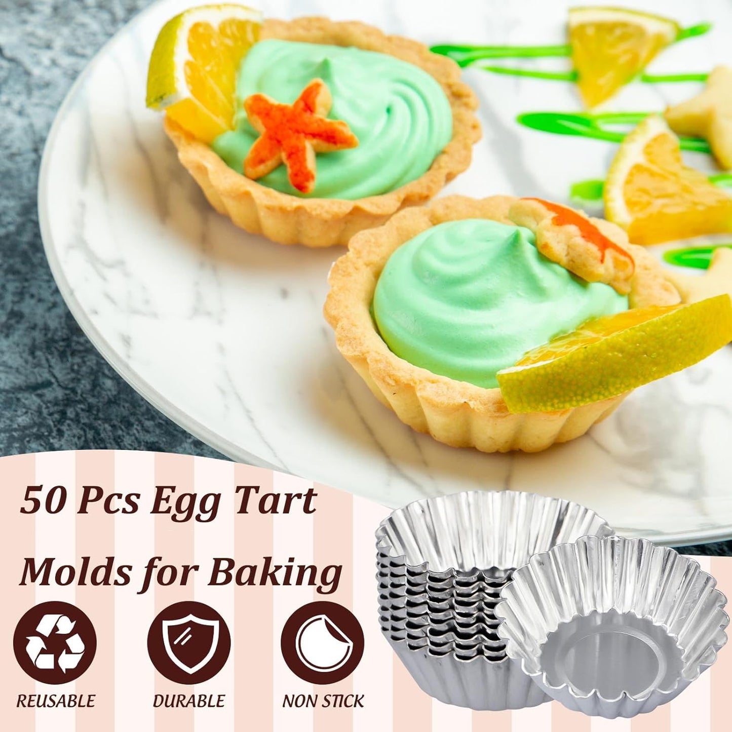 50 Pcs Egg Tart Molds, 2.8in Mini Tart Pan Reusable Aluminum Muffin Cupcake Mold Metal Pie Tins Flower Shape Baking Cups, XL
