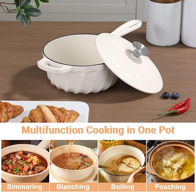 Enameled Cast Iron Sauce Pan, 2 Quart Enameled Saucepan with Lid, Mini Dutch Oven Enamel Saucepan for Cooking Pasta Sauce, Gravy, Puddings, Marinate, Boiling (White)