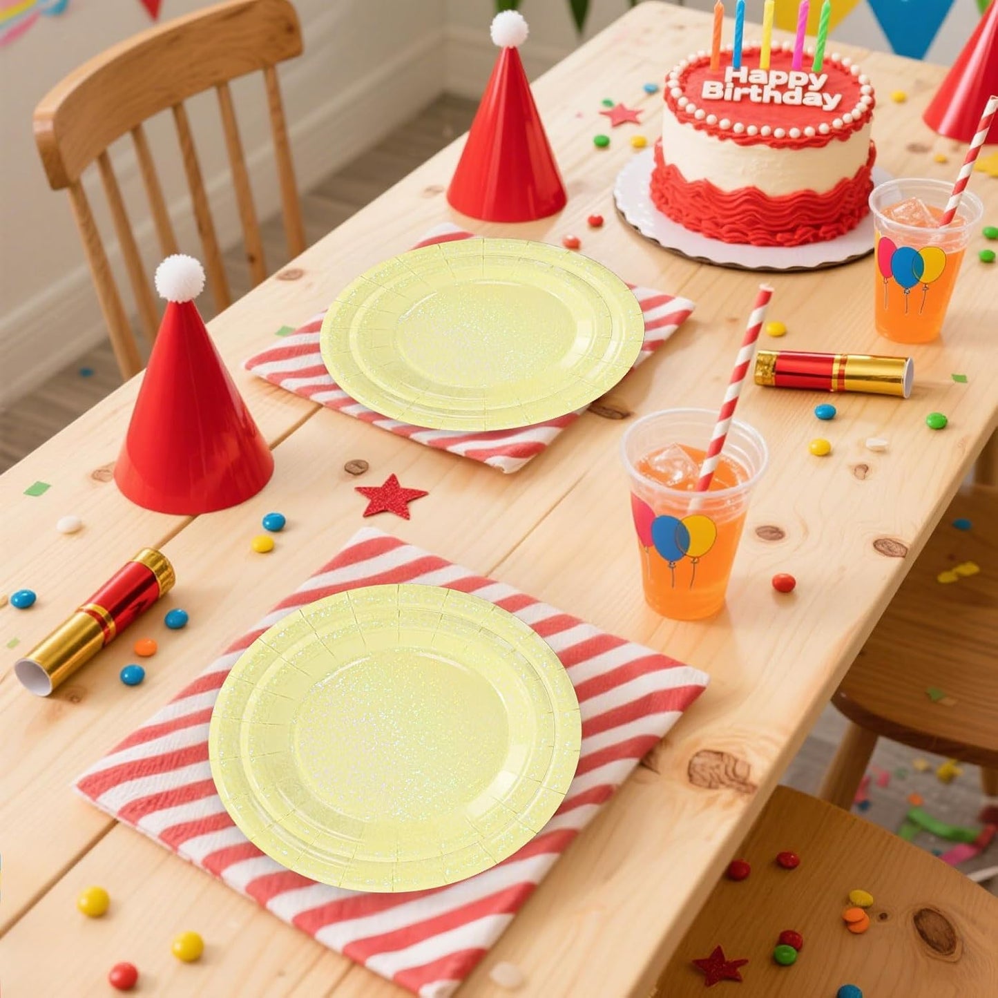 50 Pcs Iridescent Yellow Paper Plates 25 × 7'' and 25 × 9'' Disposable Yellow Shiny Holographic Foil Dinner Plates for Wedding Baby Shower Birthday Thanksgiving Party Glitter Dessert Plate