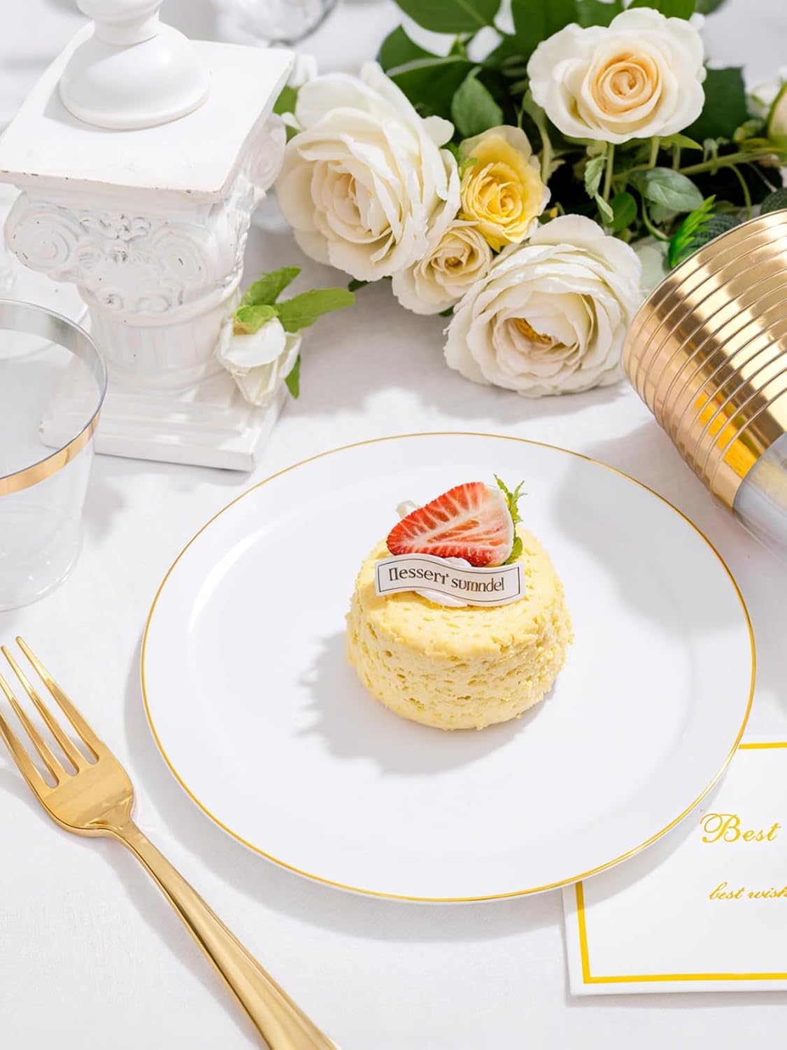 WDF 150Pcs White and Gold Plastic Plates - Gold Plates Disposable - 25guest Disposable Dinnerware Include 25 Dinner Plate, 25 Dessert Plate, 25 Cutlery & 25 9oz Cups for Wedding & Thanksgiving Party
