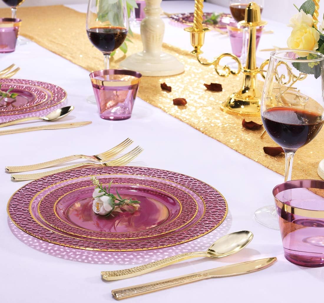 Nervure 150PCS Clear Purple Plastic Plates - Gold Party Plate - Purple and Gold Plate Include: 50 Plates, 25Cups, 25Forks, 25Knives, 25Spoons for Wedding & Party