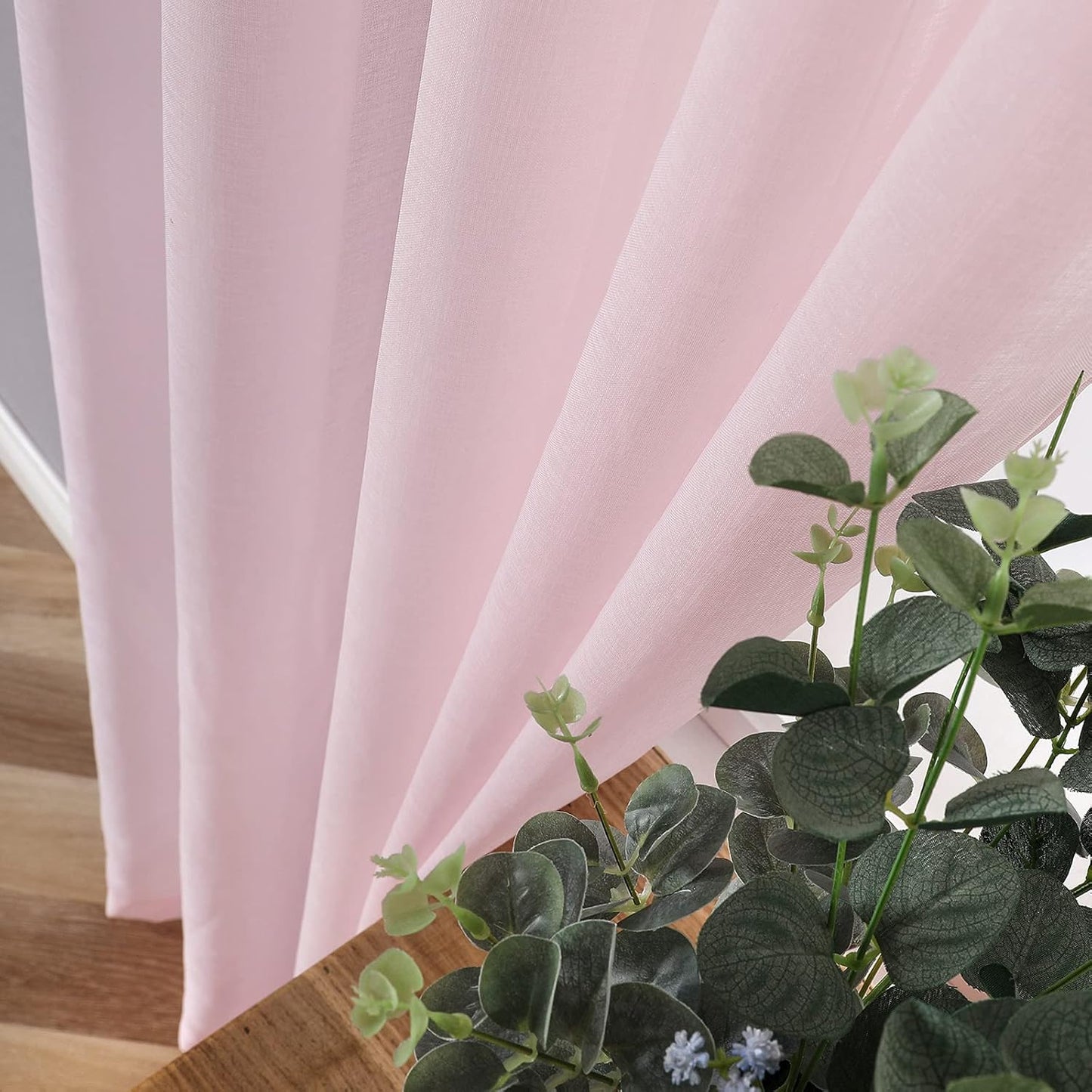 Tollpiz Short Sheer Curtain Linen Textured Bedroom Curtains Sheer Light Filtering Rod Pocket Voile Curtain for Living Room, 54 x 54 inches Long, Pink, Set of 2 Panels