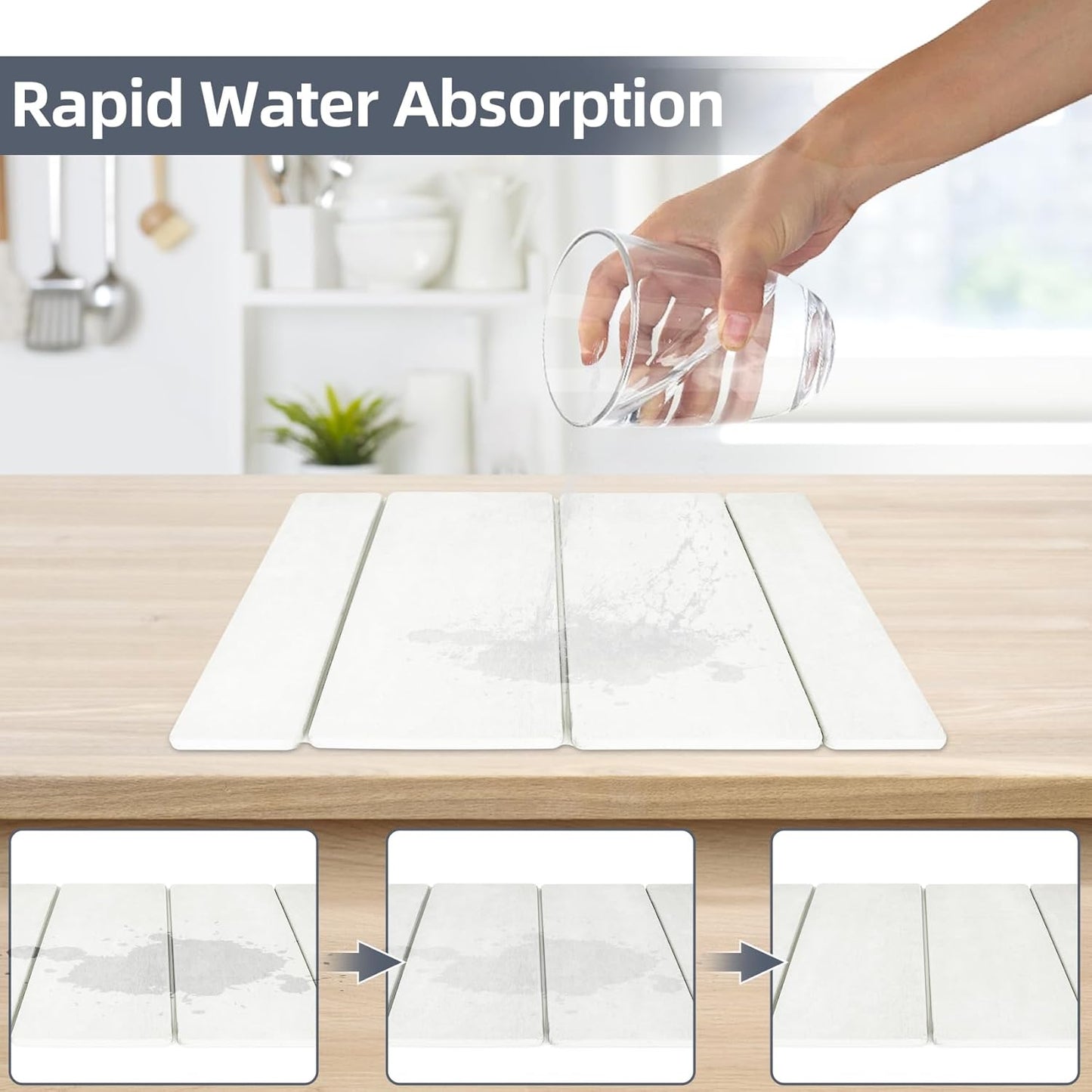 Stone Dish Drying Mat for Kitchen Counter，24x16 Collapsible Diatomaceous Earth Mats， Quick Drying Absorbent Dish Mat,Non-Slip Countertop & Bath Mat for Dishes Cups Bottles,White