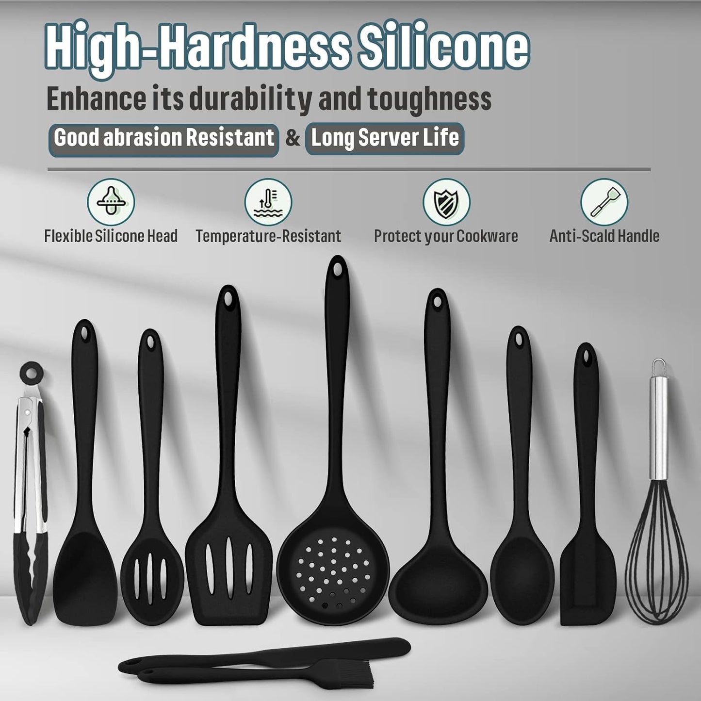 Silicone Kitchen Utensils Set, E-far 23 Pcs Black Cooking Utensils Tools with Holder for Nonstick Cookware, Include Spatula/Spoon/Ladle/Tongs/Turner, Heat Resistant & Nontoxic, Dishwasher Safe