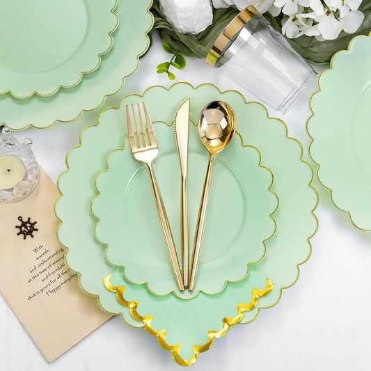 LIYH 210 Pcs Sage Green Plastic Disposable Scalloped Party Plates - Green Plates and Napkins Include Baby Shower Plate Gold Plastic Silverware for Weddings Birthday 30 Guests