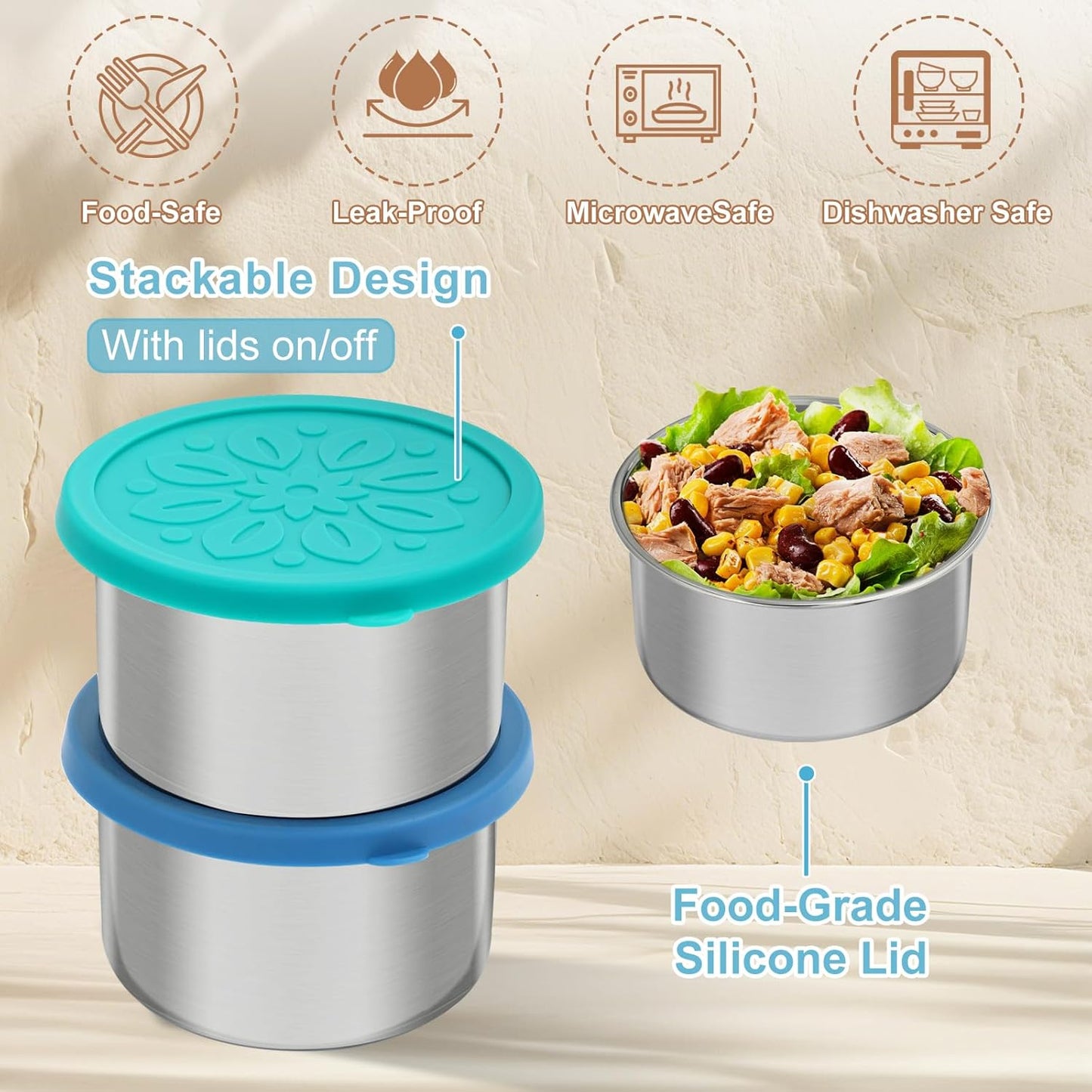 Cmonie 3Pack Stainless Steel Containers with Lids,10/20/33 oz Easy Open Leak Proof Metal Snack Containers,Food Storage Bento Box for Snacks, Fruits (3Pcs-20 oz)