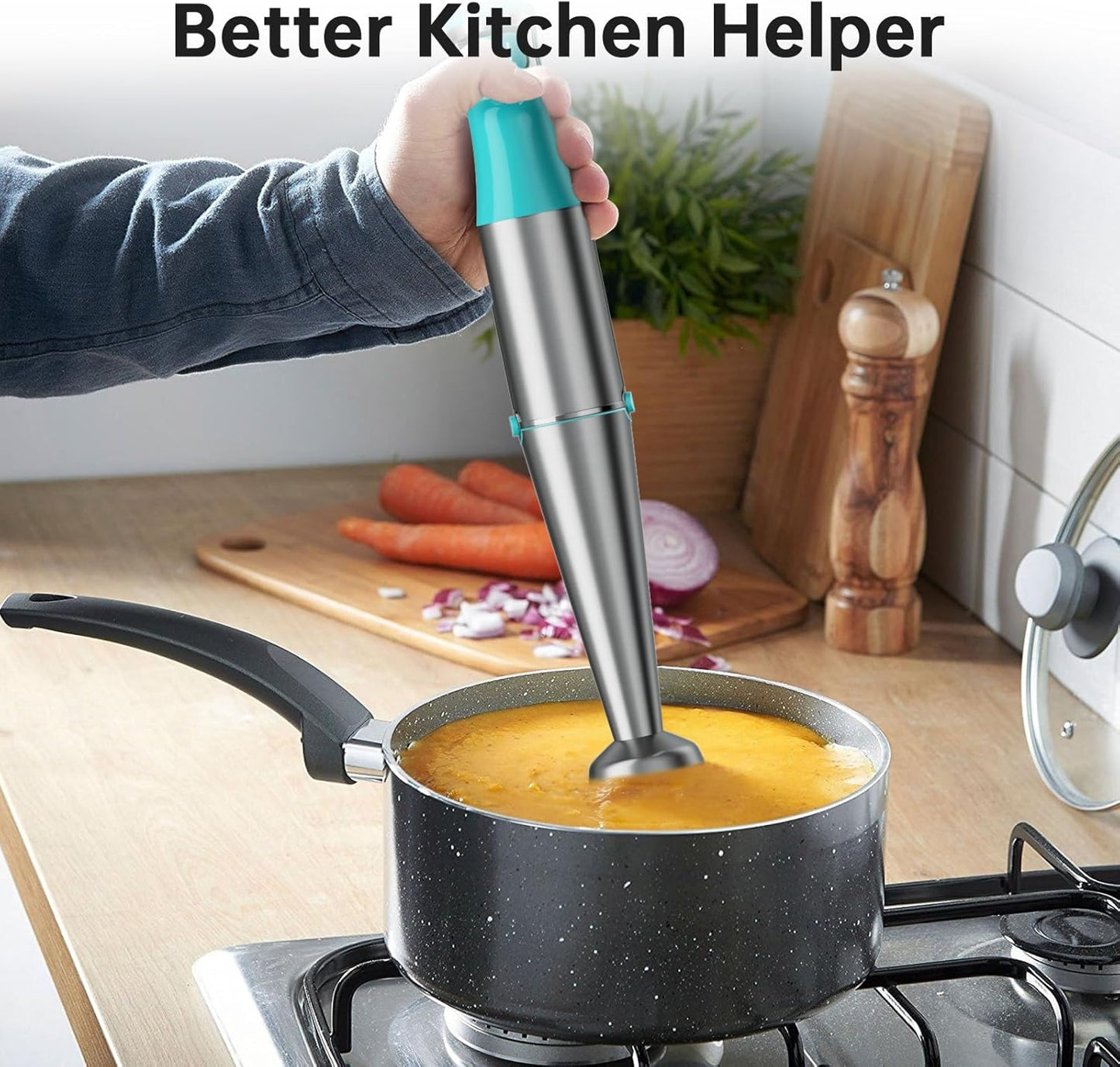 Immersion Blender Handheld Corded Hand Blenders Set 1100W, Trigger Variable Speed 5 in 1 Stick Emulsifier with Chopper, Whisk and Frother for Soup, Baby Food and Smoothies, Cyan Blue