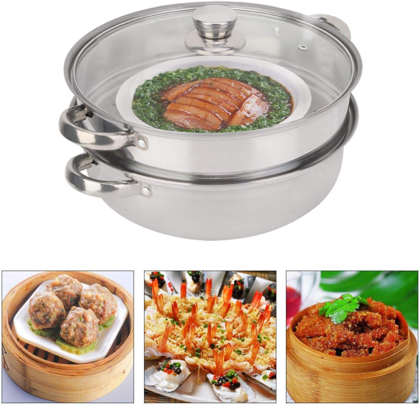 Stainless Steel Stack and Steam Pot Set 2-Layer Soup Steamer Saucepot double boiler Pot and Lid 27cm/11'' Cookware Steamer Pot Cooker Boiler Soup Steaming Pot