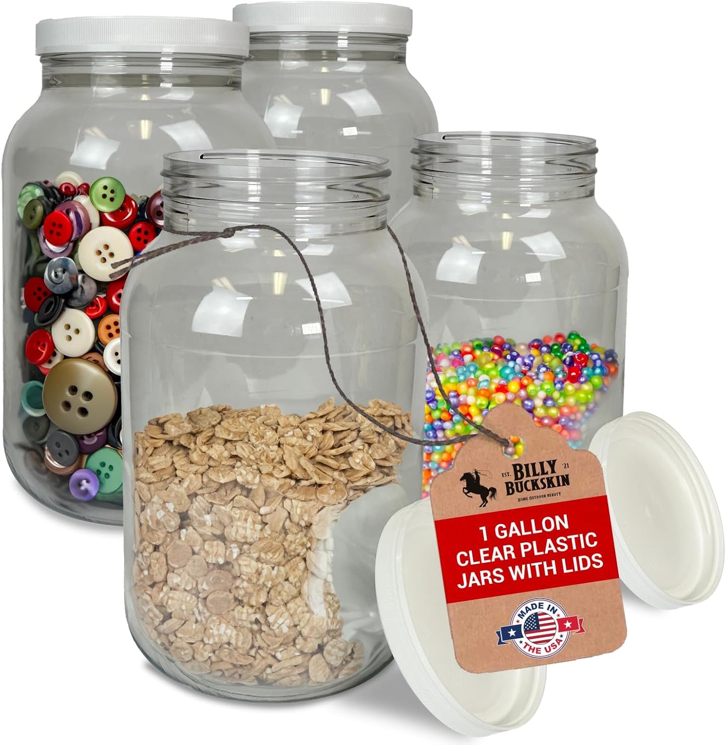 1 Gallon Large Plastic Jars with Lids (4 Pack) - Food Safe & Air Tight - Large Clear Plastic Jars with Lids - Wide Mouth Food Storage Containers - Kitchen & Pantry Organization by Billy Buckskin