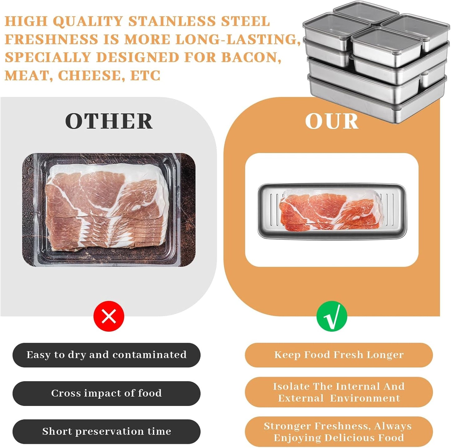 Hushee 9 Pack Bacon Cheese Container for Refrigerator, 304 Stainless Steel Airtight Deli Meat Container, Dishwasher Safe Fridge Storage Fruit Lunch Storage with Lids for Fridge, 4 Sizes