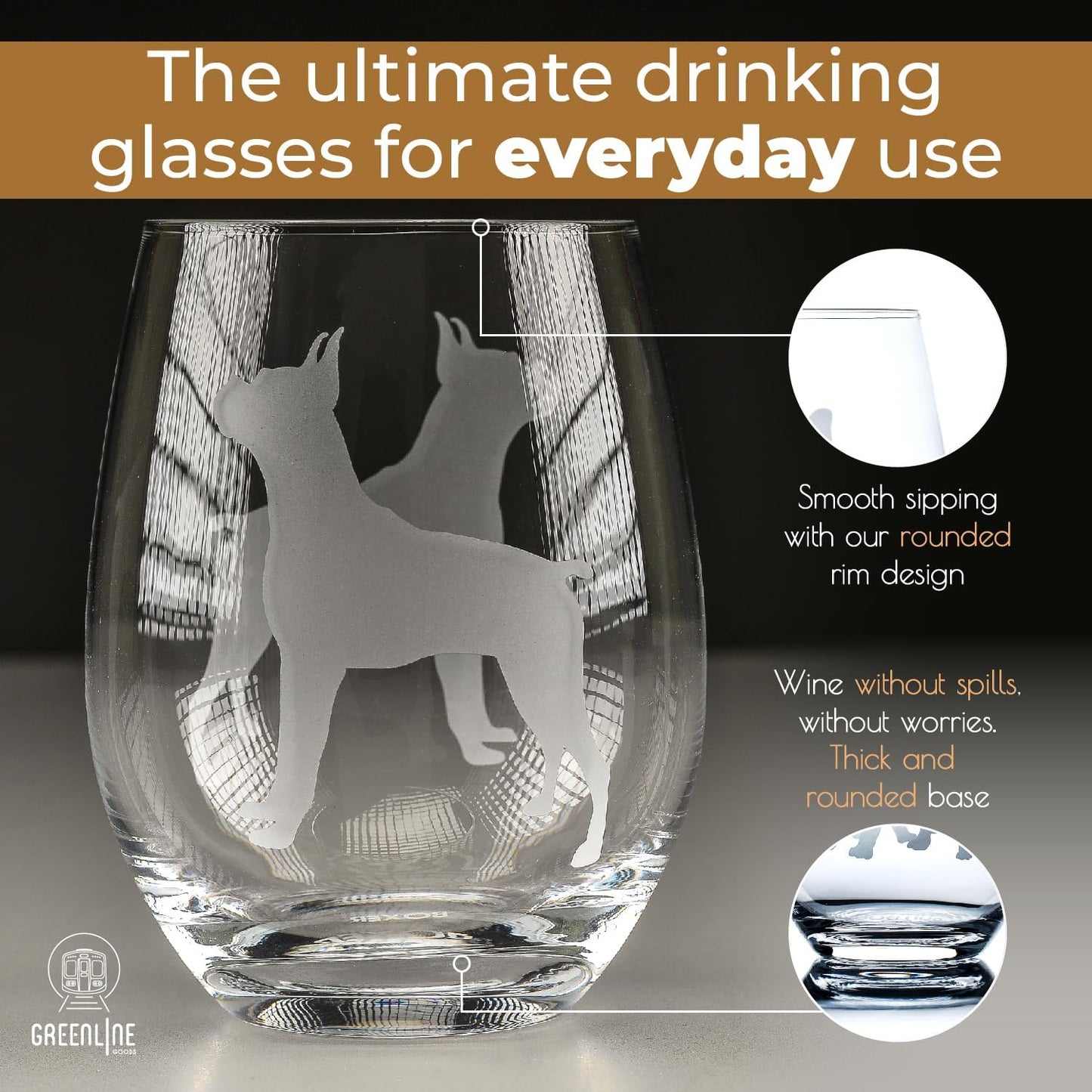 Boxer Stemless Wine Glasses (Set of 2) - Unique Gift for Dog Lovers - Hand Etched with Breed Name on Bottom