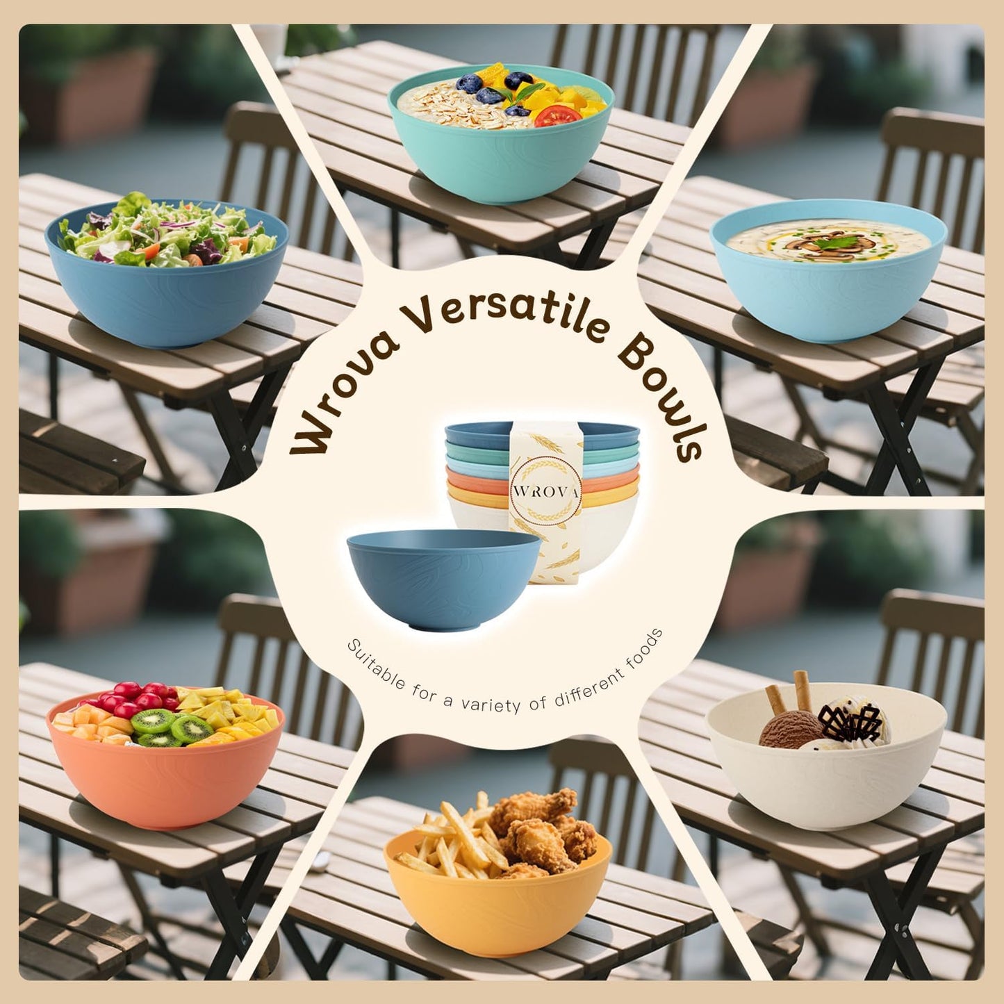 Wrova Wheat Straw Bowls for Kitchen set of 6,Anti-Scald Thick Soup Bowls 40oz,Microwave and Dishwasher Safe Bowl Sets, Unbreakable Cereal Bowl Sets. Vibrant Series