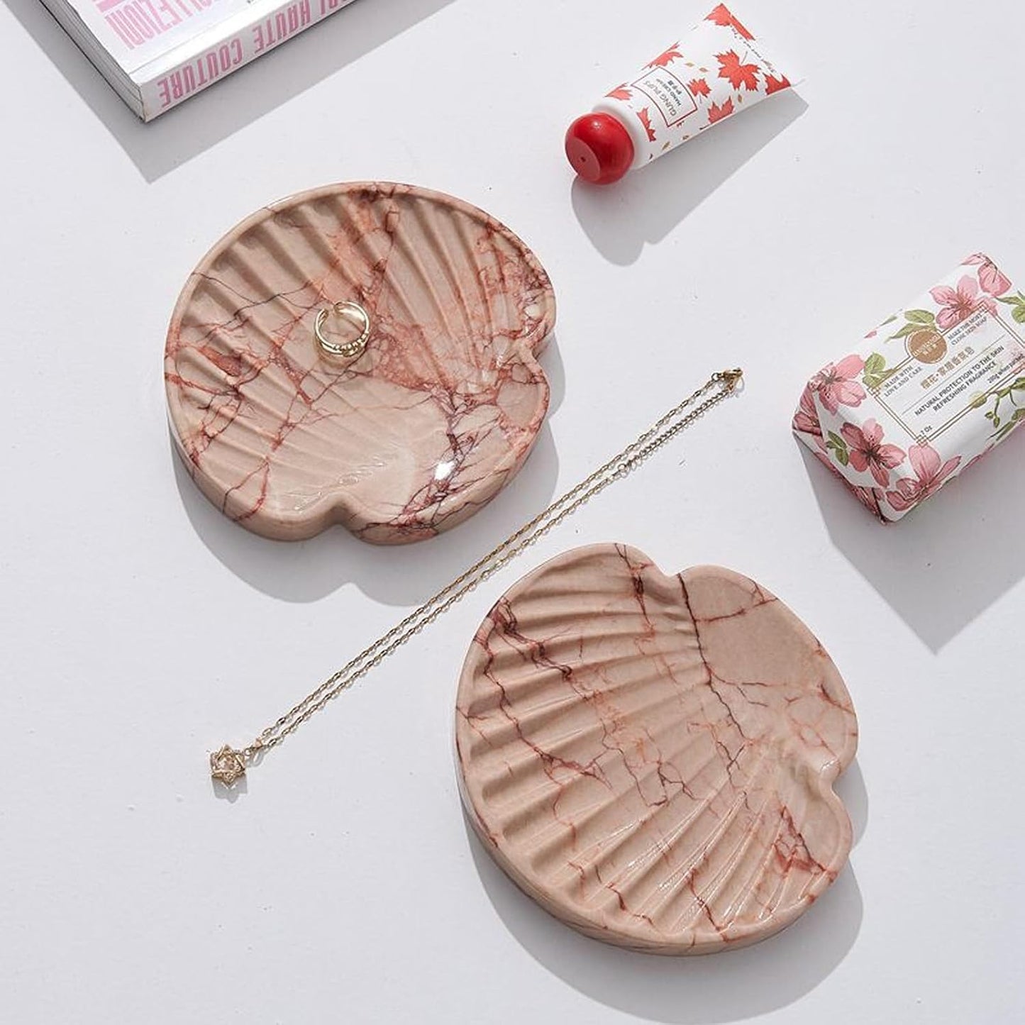 Real Natural Marble Jewelry Tray, 5.9 Inch Pink Vanity Tray, Trinket Dish, Ring Holder, Storage Tray, Dresser Organizer, Table Decor for Nightstand, Bathroom, Kitchen