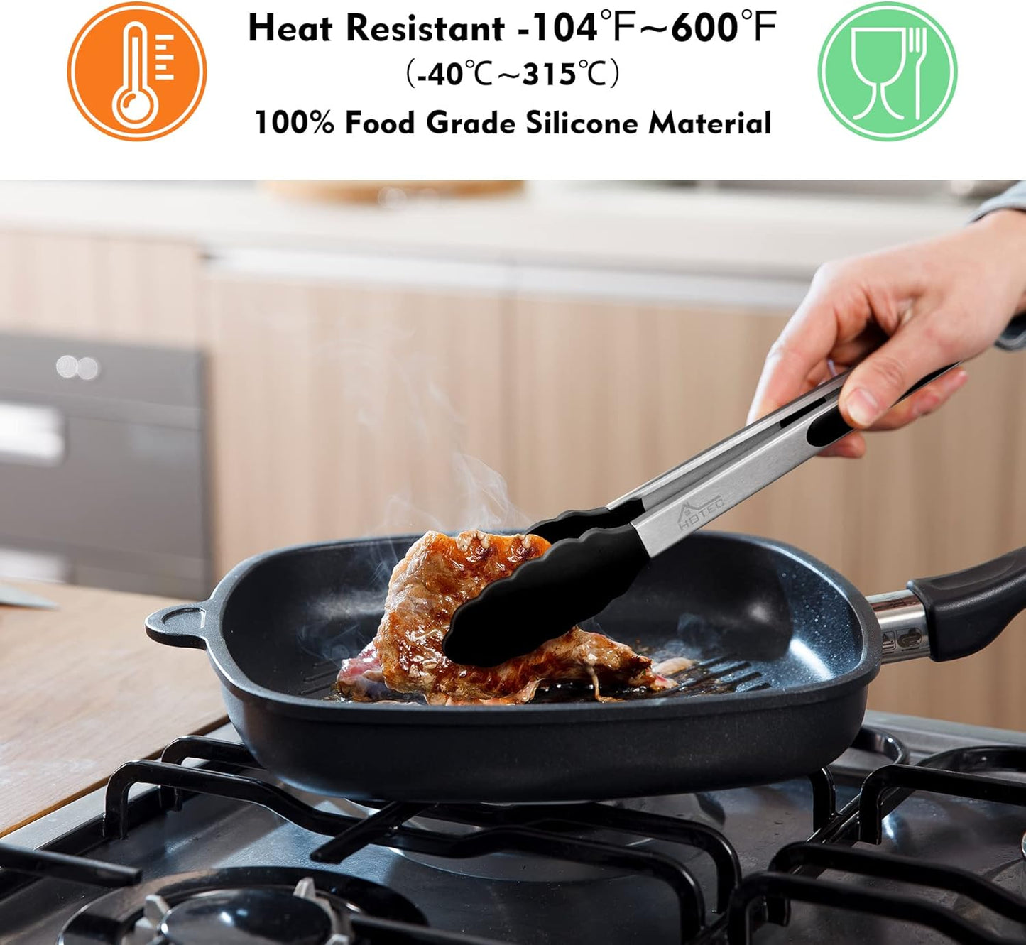 HOTEC Premium Stainless Steel Locking Kitchen Tongs with Silicon Tips, Heat Resistant Cooking Tongs Set of 3-7", 9" and 12" (Black)