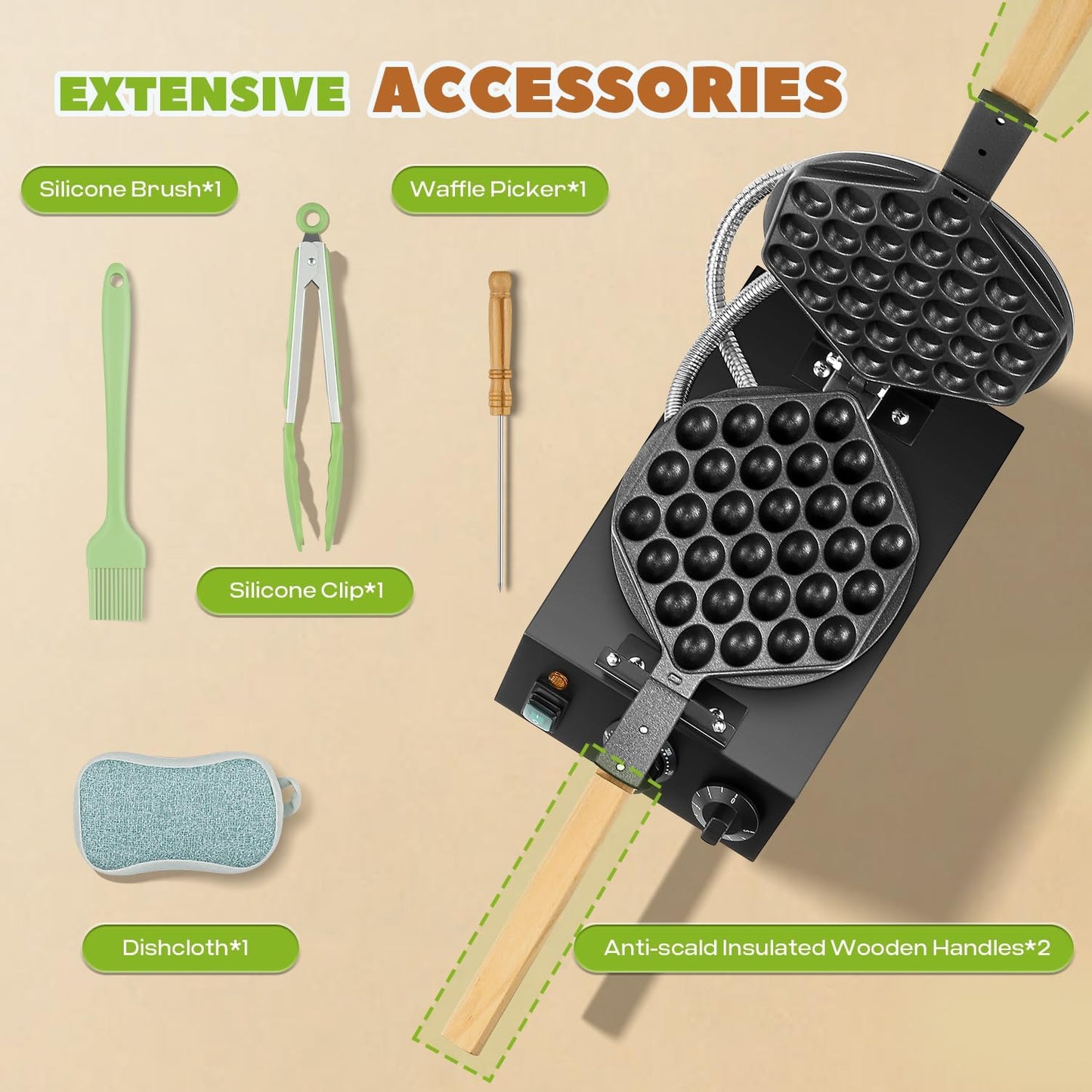 1400W Bubble Waffle Maker Non-stick Electric Waffle Iron Machine 360° Rotate 482℉/250℃ 3Min Fast Heating with 4 Accessories（Brush/Clip/Picker/Dishcloth）