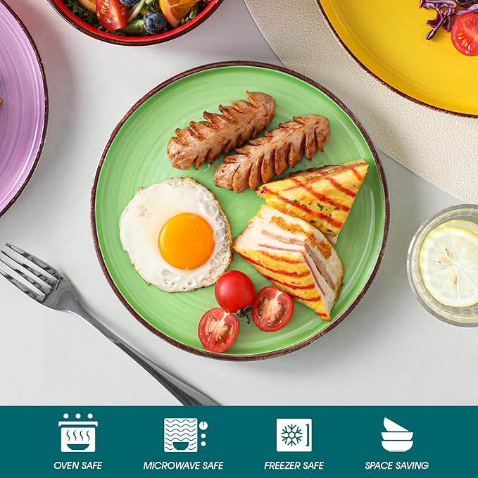 vancasso Bonita Stoneware Dinnerware Sets, 12 Pieces Dishes Set，Polished Round Plates and Bowls Set for 4, Dishwasher and Microwave Safe, Multicolor