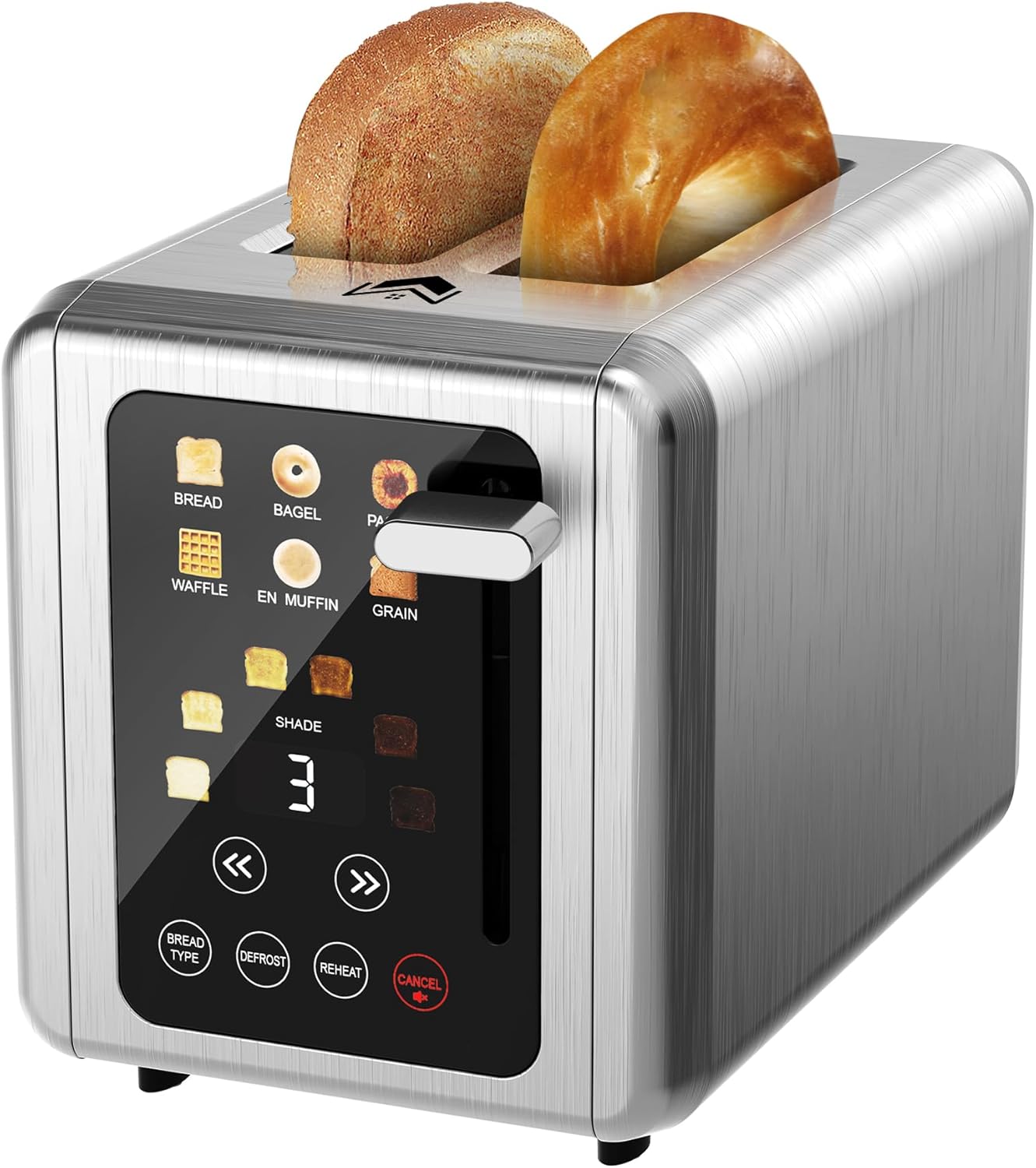 Touch screen Toaster 2 slice,Stainless Steel Digital Timer Toasters with Sound Function,6 Bread Types & 6 Shade Settings,Smart Extra Wide Slots Toaster with Bagel,Defrost Functions,Platinum