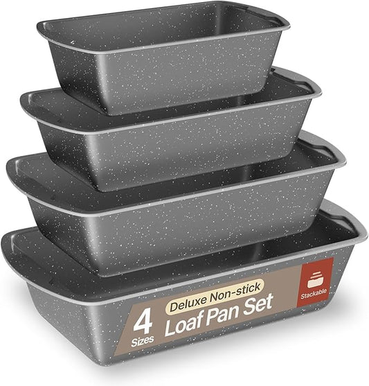 Nonstick Loaf Pan Set Pack of 4, 7" to 11" Large Baking Bread Pan, Oven Safe Up to 450°F, PFOA, PFOS, PTFE Free, Space Saving Stackable Design, Stain Resistant, Dishwasher Friendly, Gray Marble