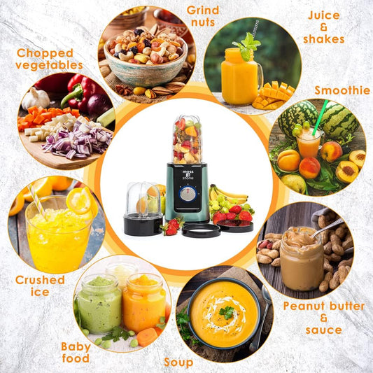 Moss & Stone MiniSmoothie Blender, Compact Personal Blender with Additional Cups Bullet Shape For Frozen Drinks, To-Go Portable Cups with Lids, Juice & Smoothie Maker