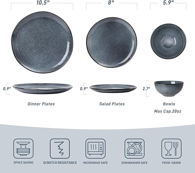 Famiware Moonlight Plates and Bowls Sets, 24 Pieces Stoneware Dinnerware Sets with Linen Finish, Dishware set for 8, Microwave and Dishwasher Safe, Chip and Scratch Resistant, Dark Blue