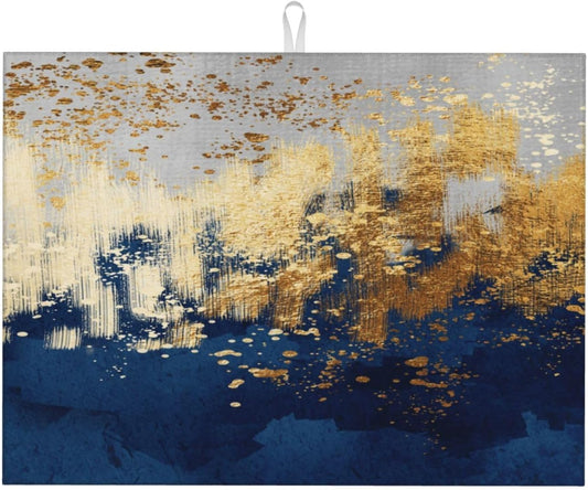 Navy Blue Gold Abstract Art Dish Drying Mat for Kitchen Counter, Absorbent Microfiber Drying Pad for Dishes, 18" x 24" Washable Foldable Modern Kitchen Mat for Dining Area & Home Decor, Blue Gold
