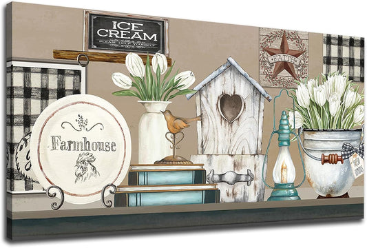 NINEASO Kitchen Wall Art Canvas - Rustic Country Pictures Farmhouse Wall Art Decor Vintage Objects Painting Artwork Retro Prints for Living Room Bedroom Home Decorations 20" x 40"