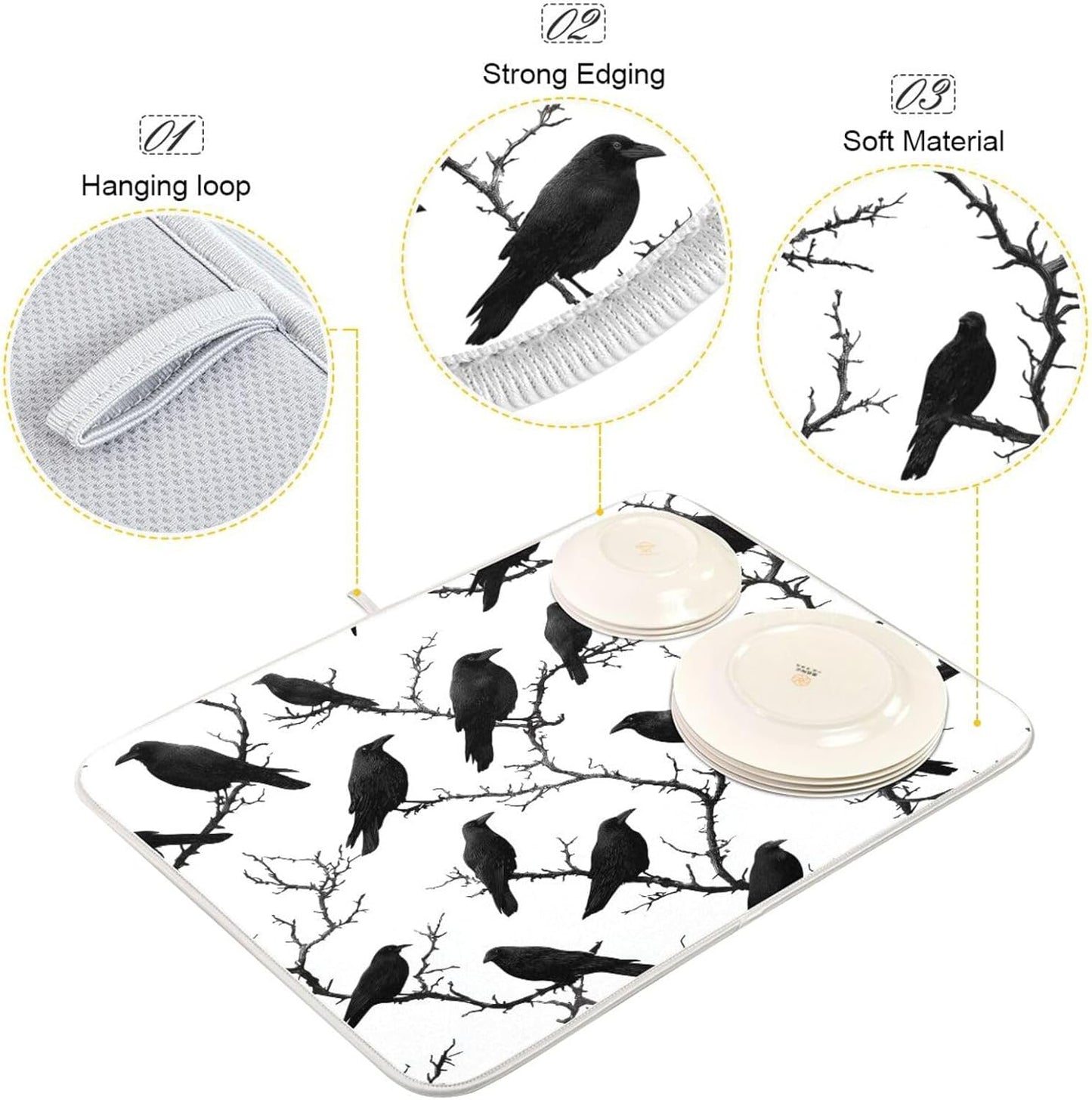 Crows Birds Perched on Branches Dish Drying Mat for Kitchen Counter Super Absorbent Dishes Pad Reversible Microfiber Protector Dish Draining Mats 16x18 inch