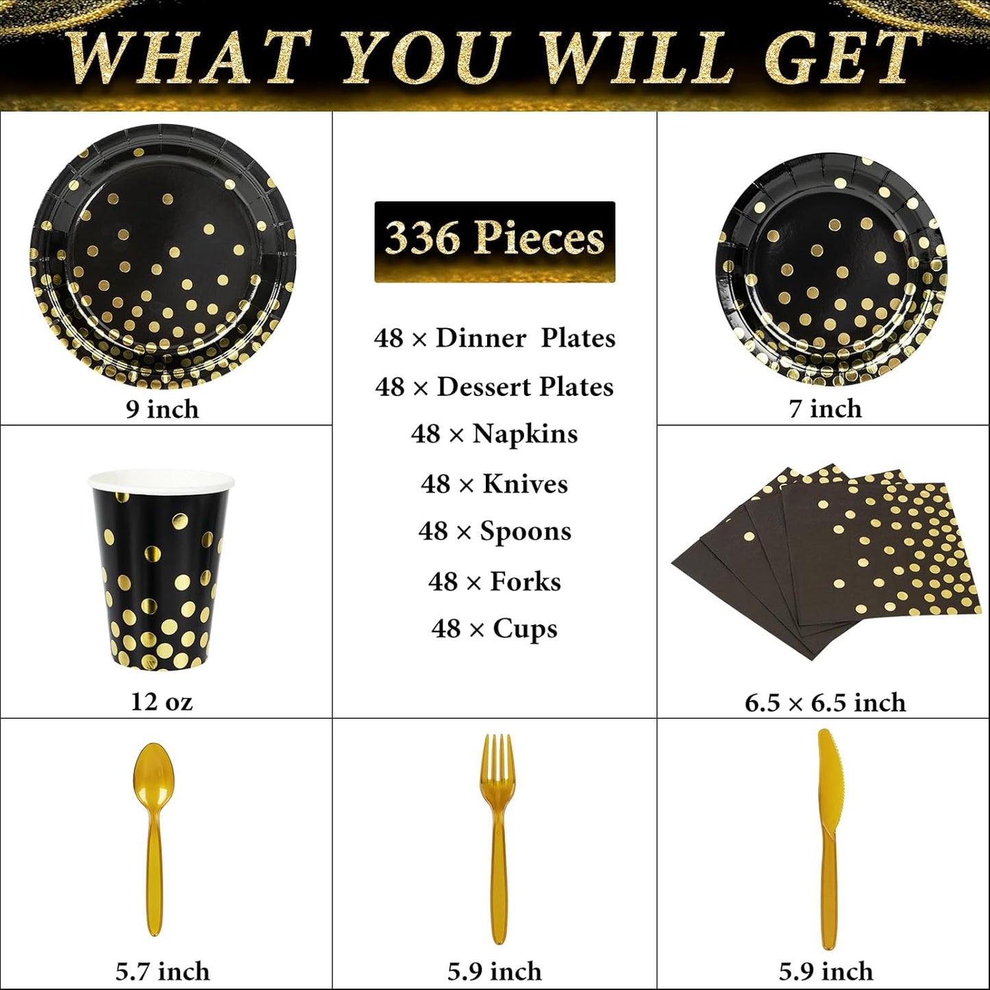 DECORLIFE 336PCS Black and Gold Disposable Dinnerware Set Serves 48, Black Paper Plates Napkins Cups, Gold Plastic Forks Spoons Knives for Graduation New Year Party Supplies
