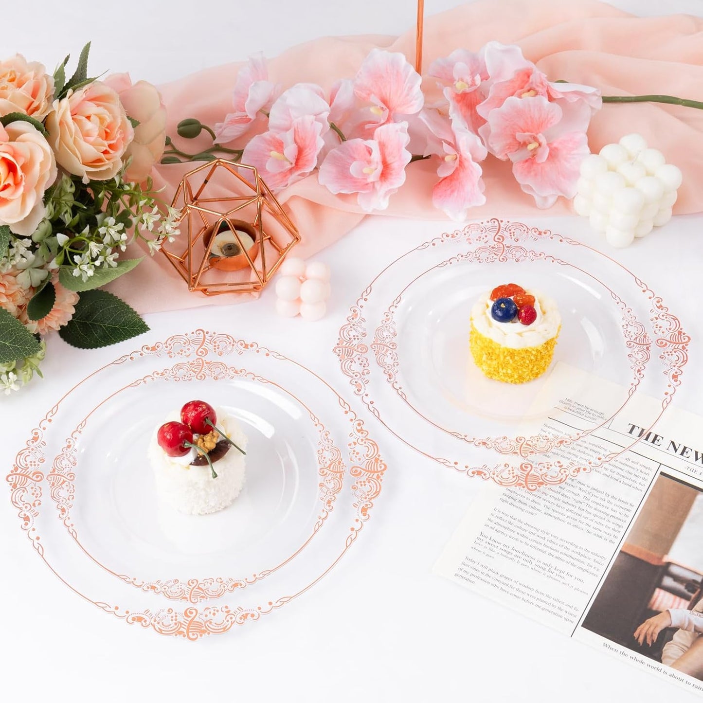 102PCS Rose Gold Plastic Plates - Clear Rose Gold Plate - Heavy Duty Disposable Plates - Fancy Disposable Dinner & Dessert Plate for 51 Guests for Party & Wedding