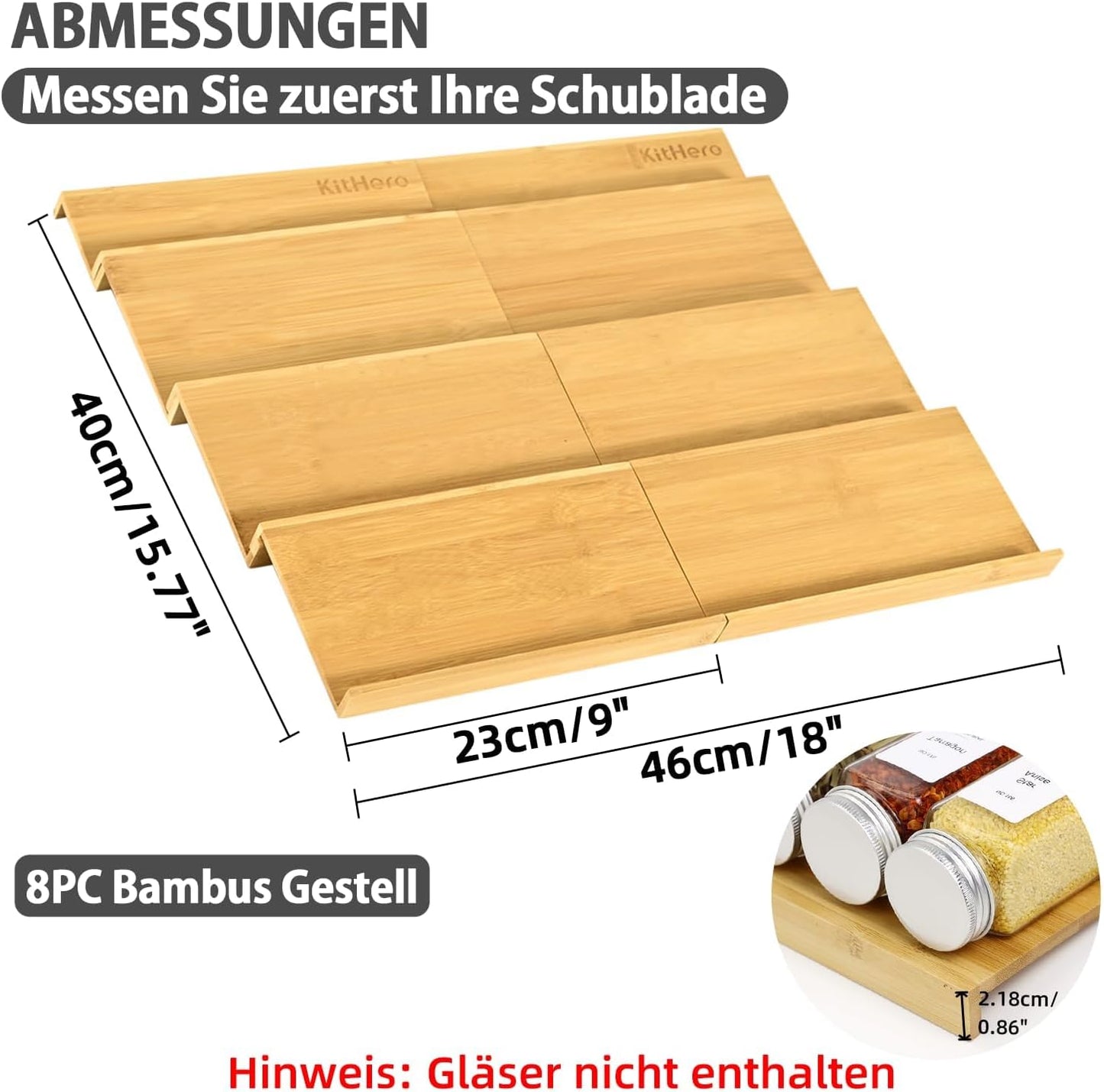 Spice Drawer Organzier,4 Tiers- 8Pcs Bamboo Spice Rack Tray Insert for Cabinet Drawer Countertop, Kitchen Seasoning Storage Drawer Organization,18" Wide x 15.8" Deep （Hold UP To 40 Jars