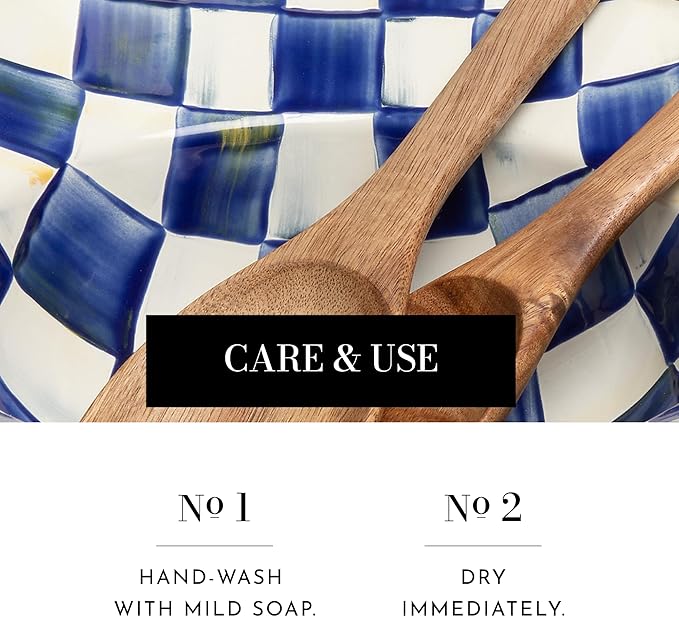 MACKENZIE-CHILDS Enamel Salad Serving Set, Enamel Bowl and Wooden Salad Servers, Decorative Kitchen Set, Blue-and-White Royal Check
