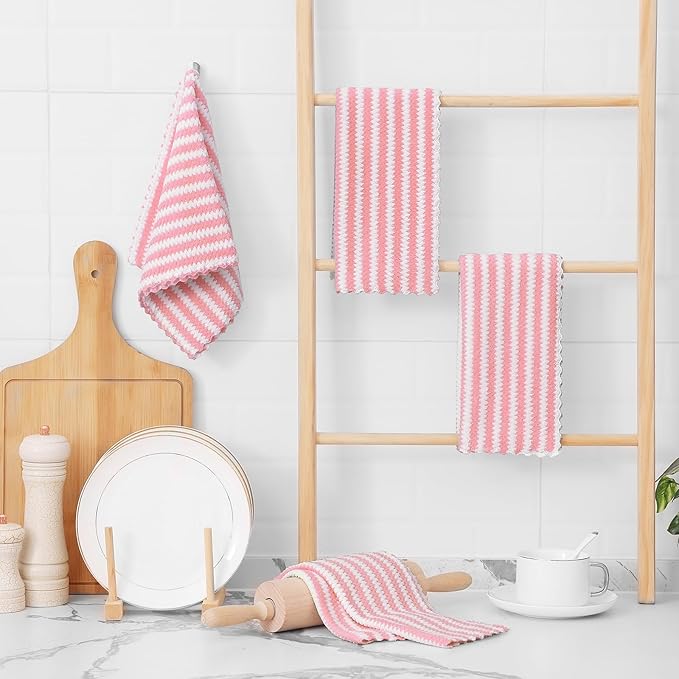 Homaxy Kitchen Towels(12 Pack, 10 x 20 inches), Ultra Soft and Absorbent Dish Towels, Reusable Fast Drying Microfiber Cleaning Cloth, Coral Velvet Wave Design No-lint, Pink