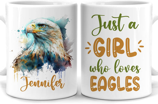 Hyturtle Personalized Gifts Eagle Lover - Just A Girl Who Loves Eagles Custom Name Ceramic Coffee Mug Cup 11oz - Idea Cute Animal Lover Gifts For Women, Girl Daughter On Birthday, Christmas