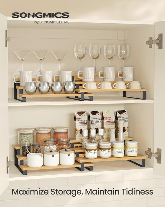 SONGMICS Display Risers, Set of 2 Engineered Wood Perfume Organizer Stand, 3-Tier Cupcake Stand Holder, Spice Rack, Shelf Risers for Figures, Dessert Shelves, Natural Beige and Ink Black UKCS016N01