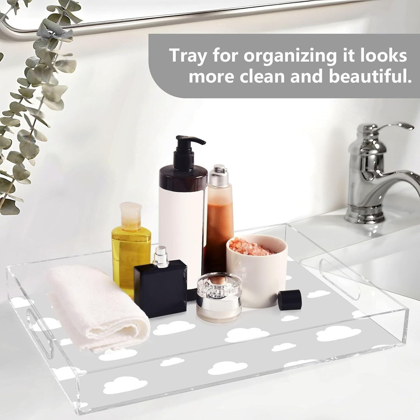 Acrylic Serving Tray with Handles Spill Proof Kitchen Storage Tray Clear Decorative Tray Makeup Drawer Organizer Storage Tray for Bathroom Living Room Ottoman 15.7x11.8Inches
