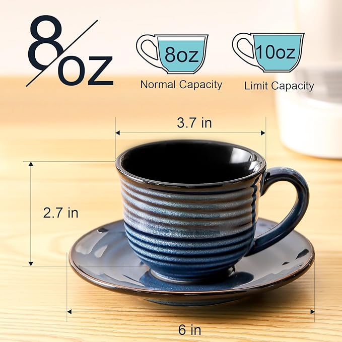 Hasense Ceramic Cappuccino Cups and Saucers Set of 4, 8 oz Tea Coffee Cups Set for Home and Office, Espresso Mugs for Coffee, Cappuccino, Latte, Americano, Milk and Tea - Navy Blue