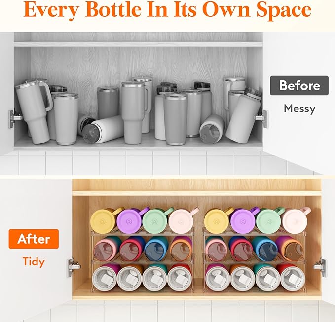 Lifewit Stackable Water Bottle Storage Organizer, Clear Tumbler Cup Mug Organizer, Plastic Large Compartment Wine Rack for Fridge Cellar Kitchen Pantry Storage, 3Tier Hold 12