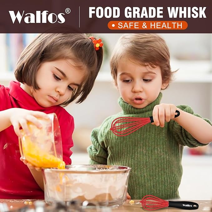 Walfos Mini Whisk Red Small whisk-Non Scatch Rubber Coated Whisk,small silicone whisk 5 & 7 inch Tiny Whisk,Nice for mixing and stirring small batches of powder and sauce in small bowl containers.2pcs