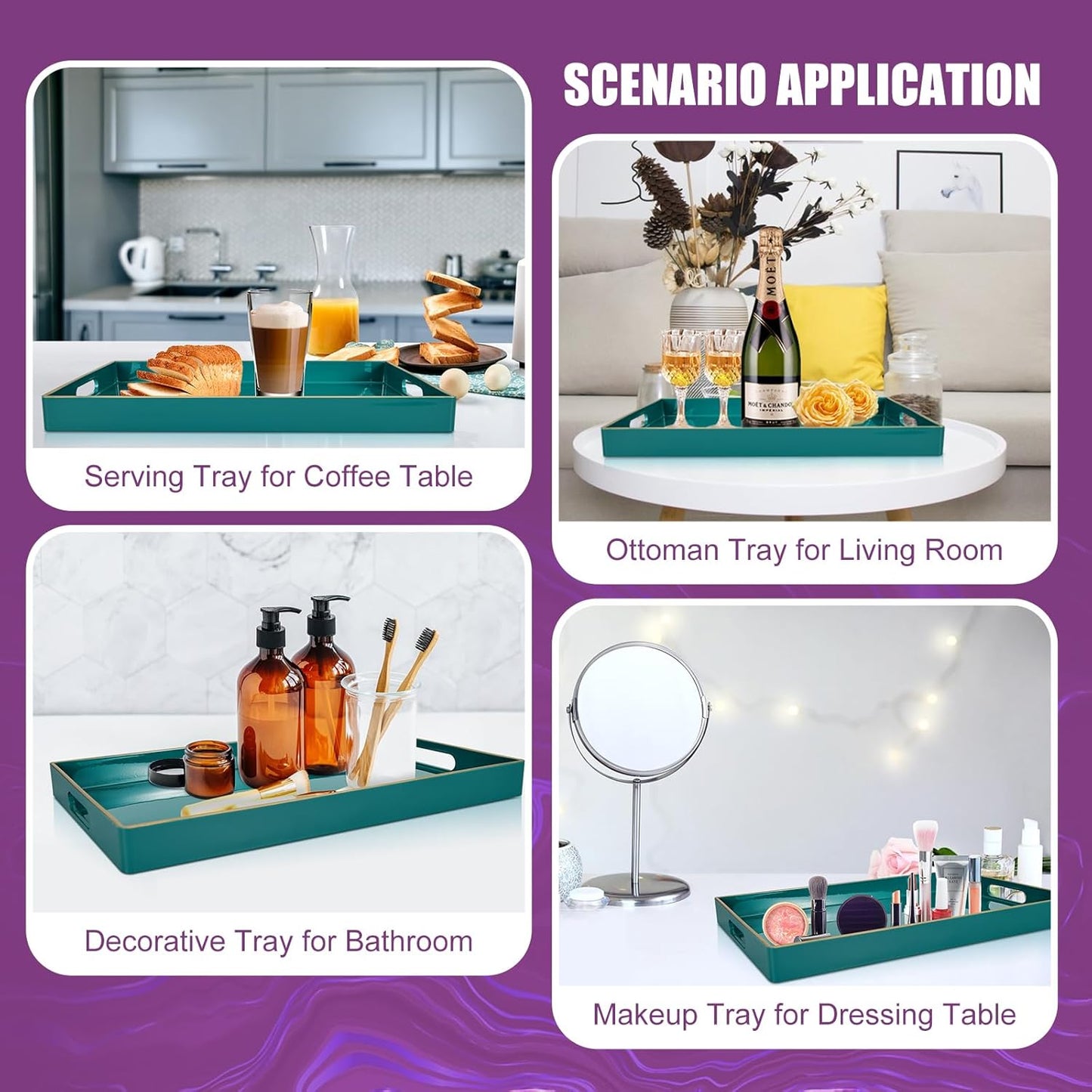 Gifturbo Teal Serving Tray,Rectangular Serving Trays with Handles, Plastic Coffee Table Tray Decorative Tray for Ottoman,Living Room, Bathroom, 15.7” x 10.2” x1.37”