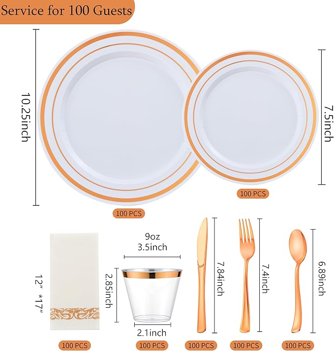700 PCS Rose Gold Plastic Plates for 100 Guests, Rose Gold Disposable Dinnerware Sets Include 100 Dinner&Salad Plates, 100 Silverware Set, 100 Napkins, 100 Cups