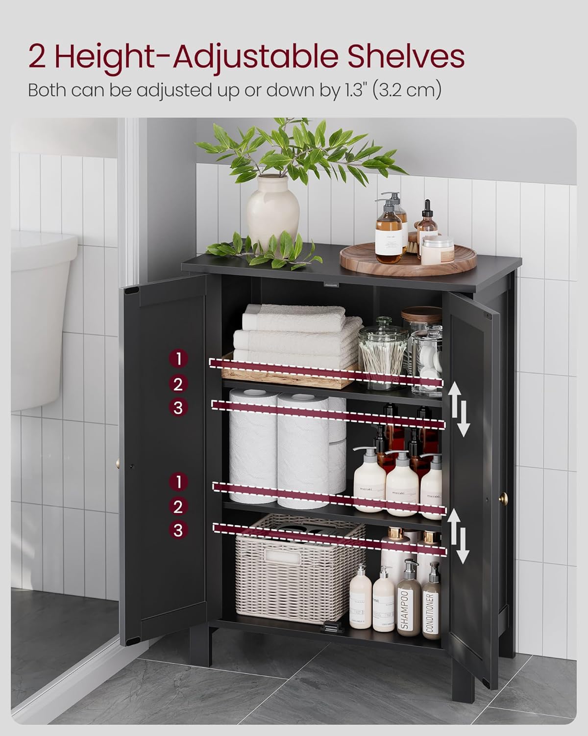 VASAGLE Floor Storage Cabinet, Freestanding Storage Unit with 2 Adjustable Shelves, for Bathroom Living Room Dining Kitchen, 11.8 x 23.6 x 31.5 Inches, Ink Black UBCB060B01
