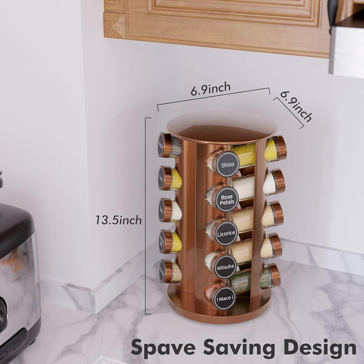 New England Stories Revolving Spice Rack Set with 20 Spice Jars, Kitchen Spice Tower Organizer for Countertop or Cabinet - Carousel Storage Includes 386 Spice Labels (Gold)