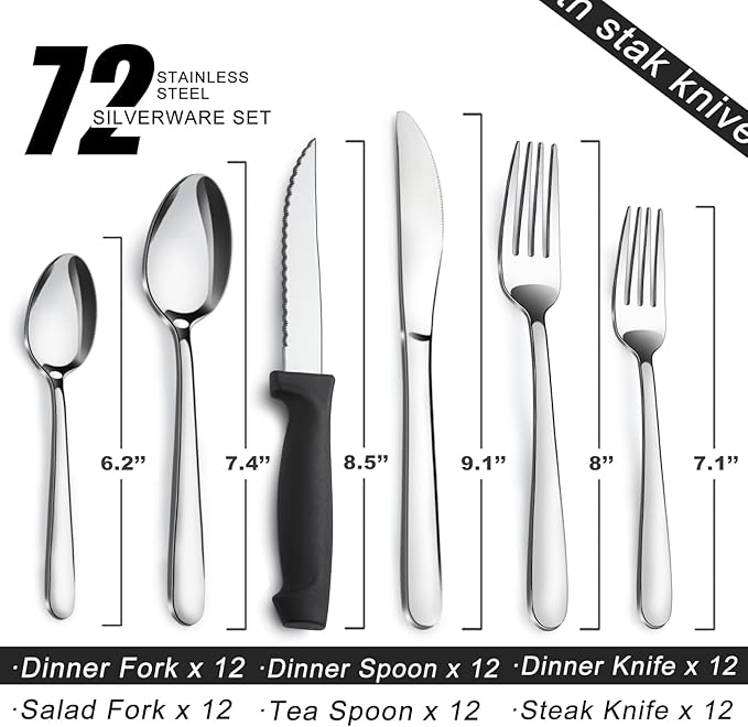 Pleafind 72-Pieces Silverware Set for 12, Flatware Set with Steak Knives, Stainless Steel Cutlery Set, Include Forks Spoons and Knives Set, Dishwasher Safe Utensil Sets for Home Restaurant