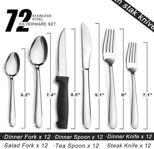 Pleafind 72-Pieces Silverware Set for 12, Flatware Set with Steak Knives, Stainless Steel Cutlery Set, Include Forks Spoons and Knives Set, Dishwasher Safe Utensil Sets for Home Restaurant